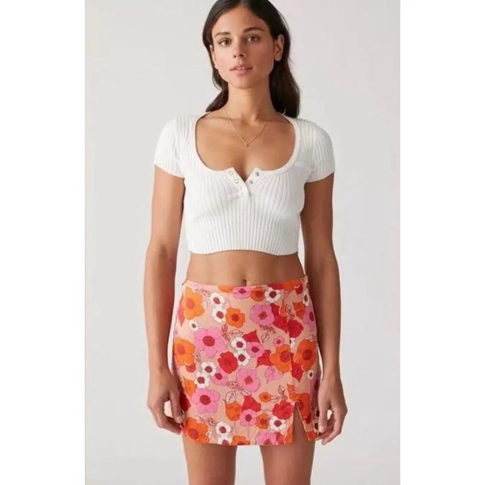 NWT Urban Outfitters Floral Mini Pencil Skirt Womens Sze M Pink Orange Slit Chic